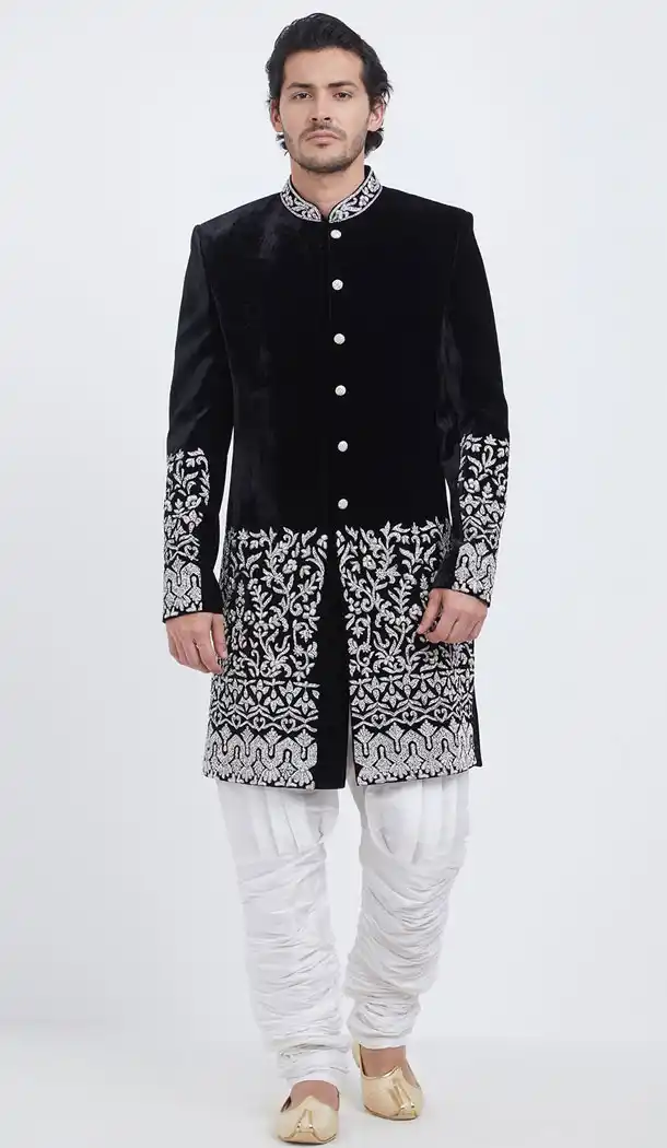 Black Color Velvet Readymade Men Groom Sherwani - 489860265