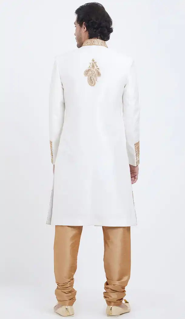 White Color Silk Readymade Men Groom Sherwani - 489860266