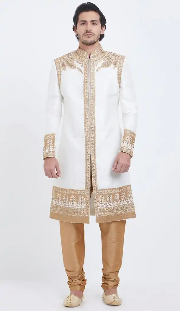 White Color Silk Readymade Men Groom Sherwani - 489860266