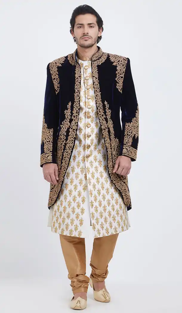 Black Color Jacket Velvet Readymade Men Groom Sherwani - 489860267