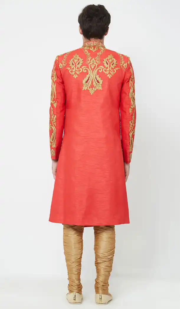 Red Color Silk Readymade Men Groom Sherwani - 489860268