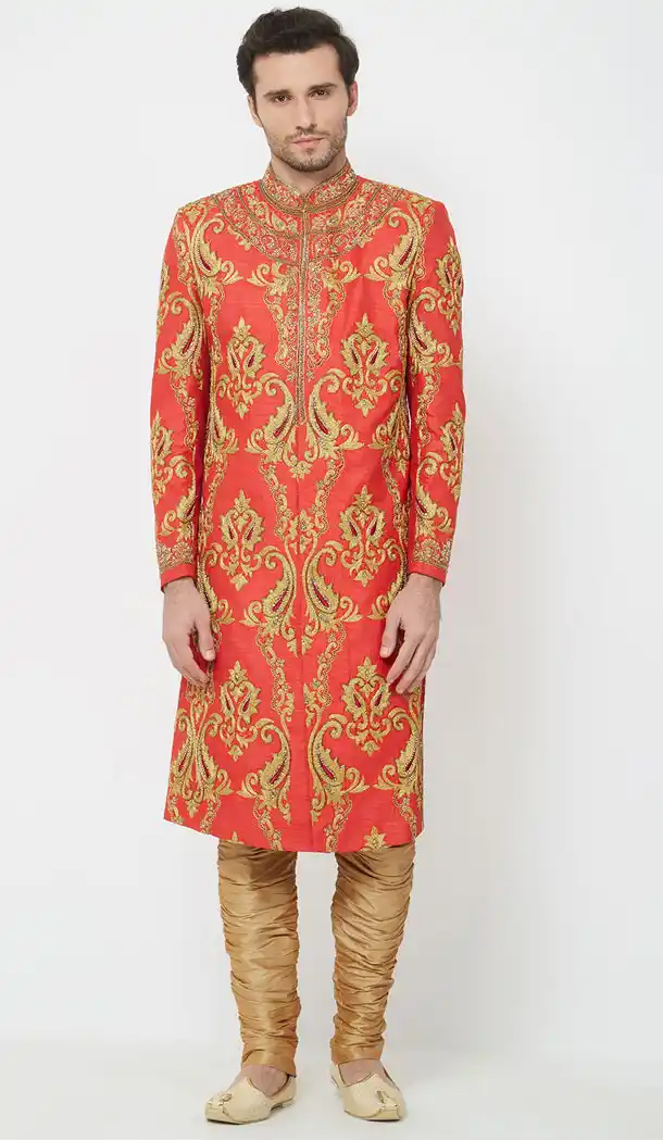 Red Color Silk Readymade Men Groom Sherwani - 489860268