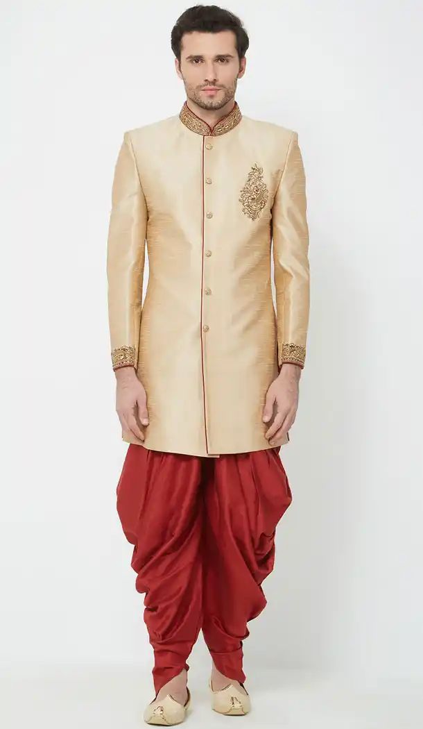 Gold Color Silk Readymade Men Groom Sherwani - 489860269