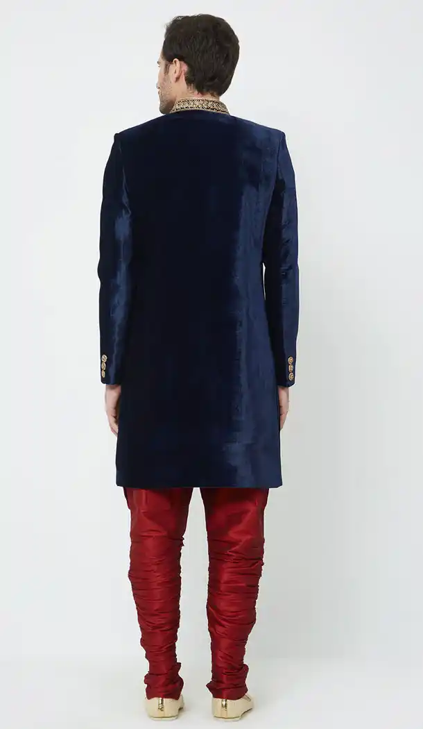 Navy Blue Color Velvet Readymade Men Groom Sherwani - 489860270