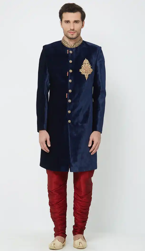 Navy Blue Color Velvet Readymade Men Groom Sherwani - 489860270
