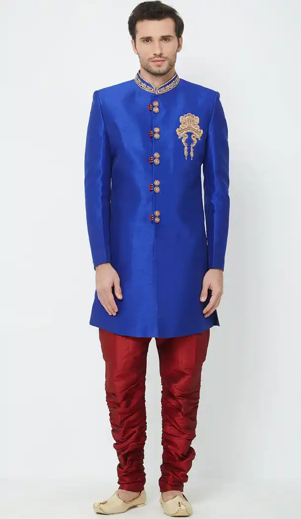 Royal Blue Color Silk Readymade Men Groom Sherwani - 489860271