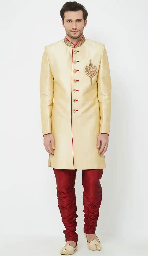 Gold Color Silk Readymade Men Groom Sherwani - 489860272