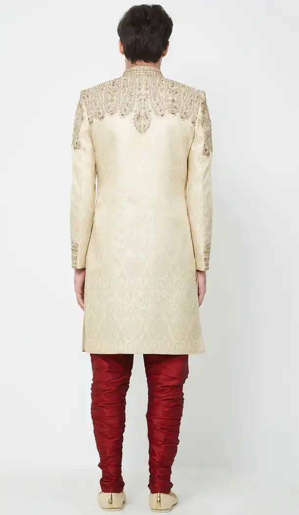 Cream Color Brocket Readymade Men Groom Sherwani - 489860273