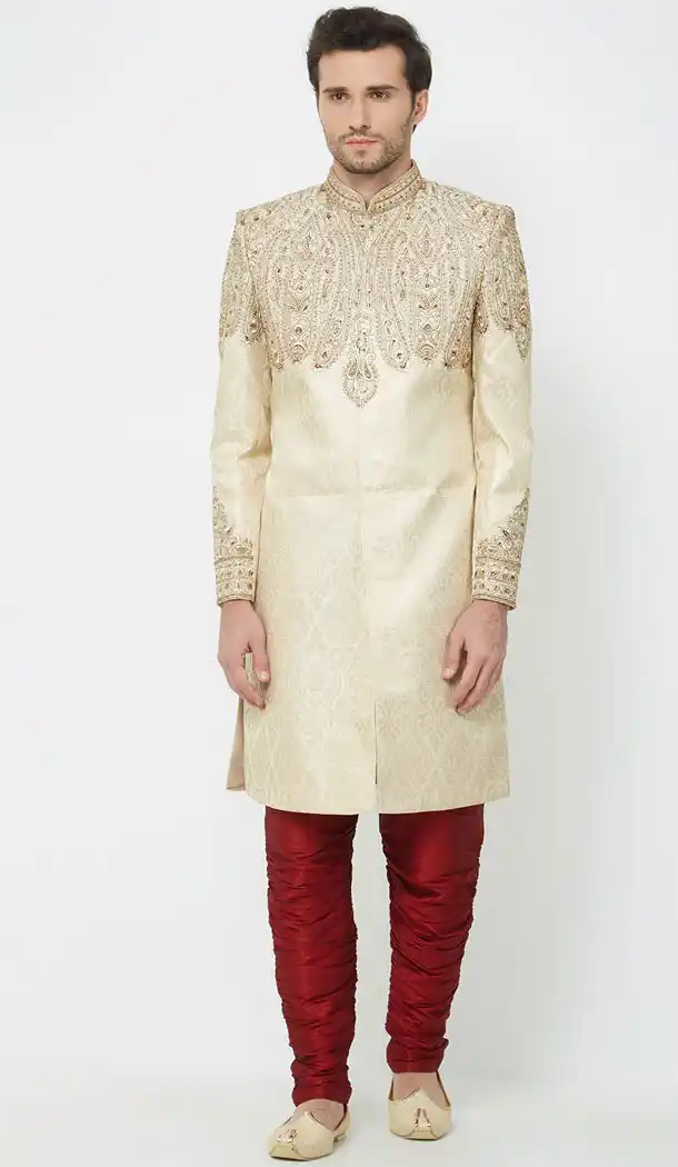 Cream Color Brocket Readymade Men Groom Sherwani - 489860273