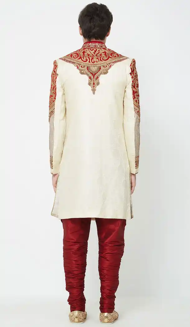 Cream Color Brocket Readymade Men Groom Sherwani - 489860275