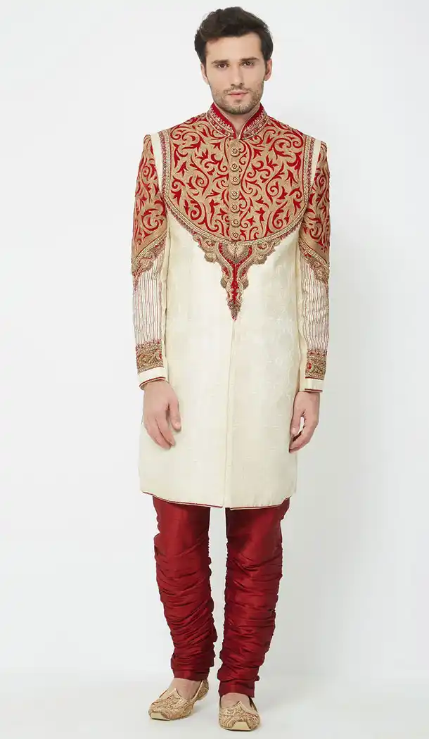 Cream Color Brocket Readymade Men Groom Sherwani - 489860275