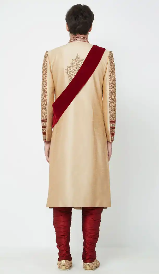 Gold Color Silk Readymade Men Groom Sherwani - 489860276