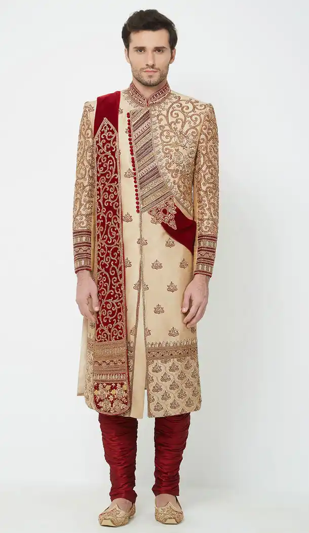 Gold Color Silk Readymade Men Groom Sherwani - 489860276