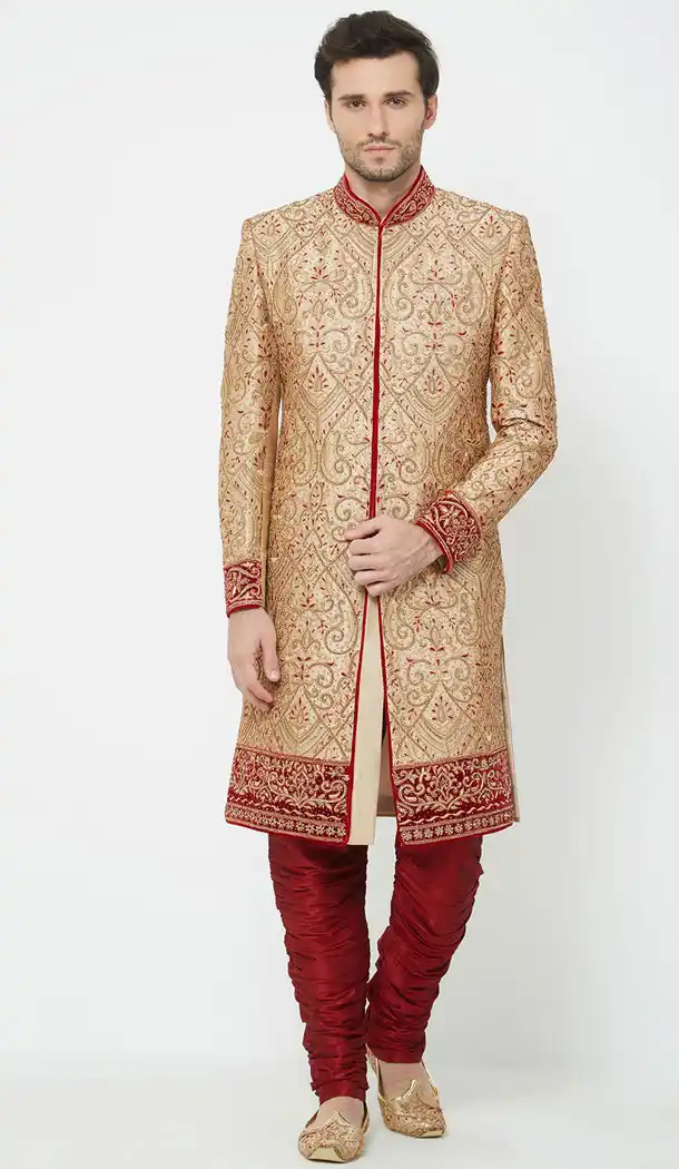 Gold Color Silk Readymade Men Groom Sherwani - 489860277