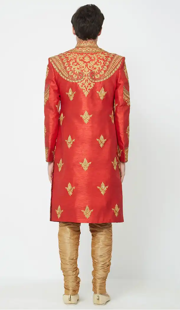 Red Color Silk Readymade Men Groom Sherwani - 489860279