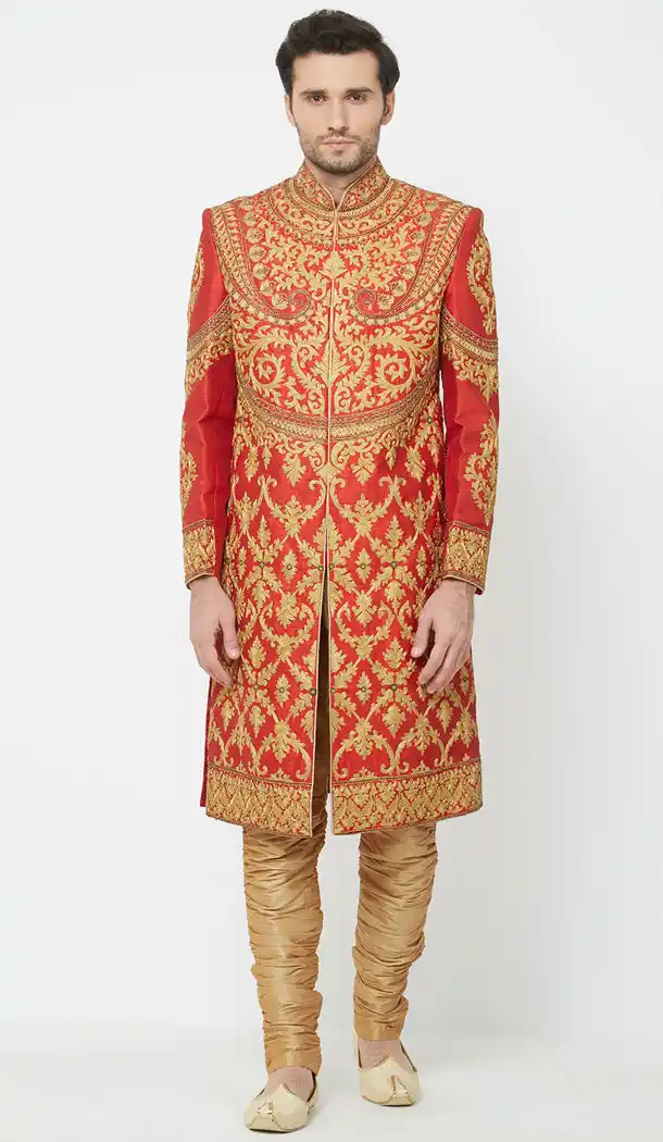 Red Color Silk Readymade Men Groom Sherwani - 489860279