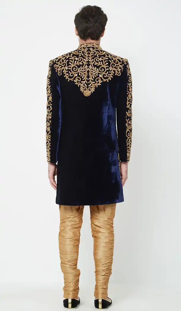 Navy Blue Color Velvet Readymade Men Groom Sherwani - 489860280
