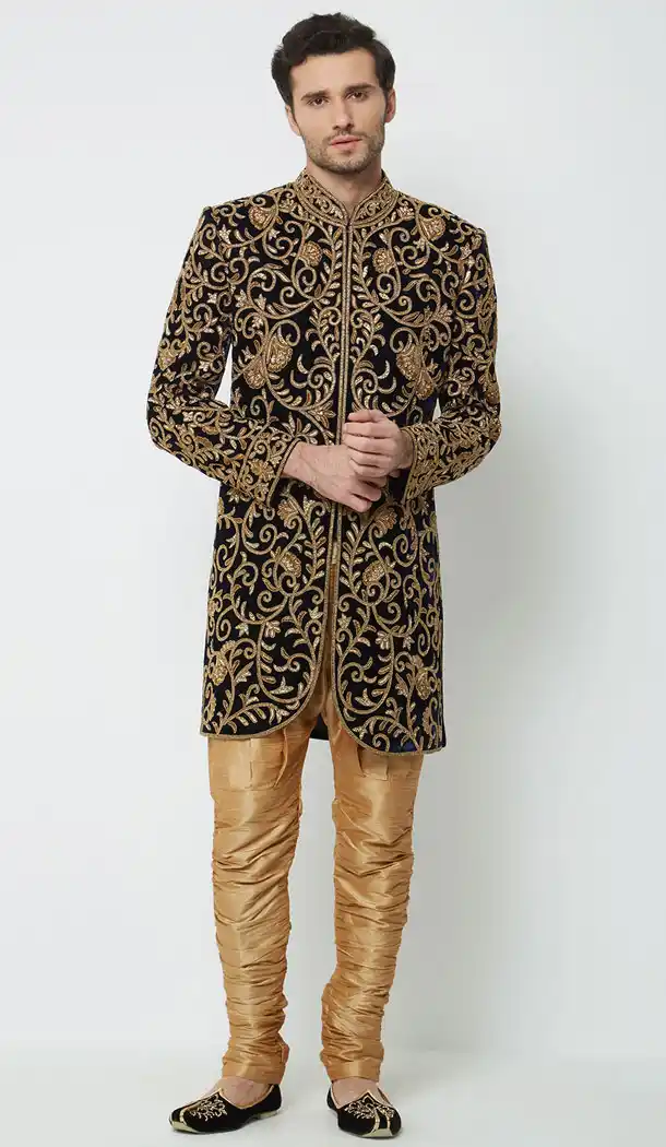 Navy Blue Color Velvet Readymade Men Groom Sherwani - 489860280