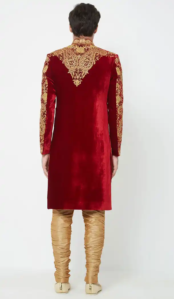 Red Color Velvet Readymade Men Groom Sherwani - 489860281