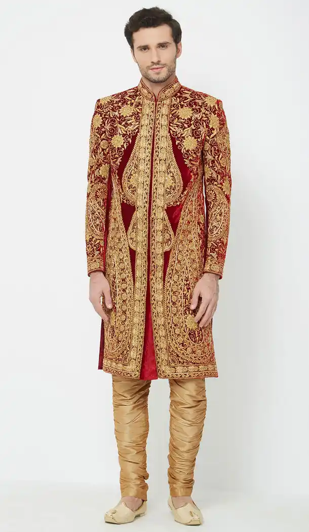 Red Color Velvet Readymade Men Groom Sherwani - 489860281