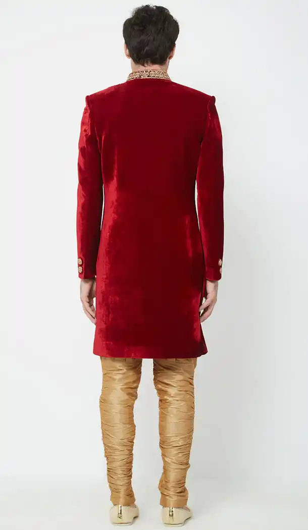 Beautiful Red Color Velvet Readymade Men Groom Sherwani - 489860282