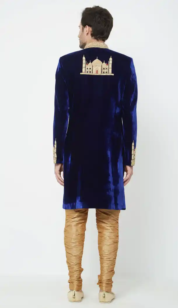 Navy Blue Color Velvet Readymade Men Groom Sherwani - 489860283