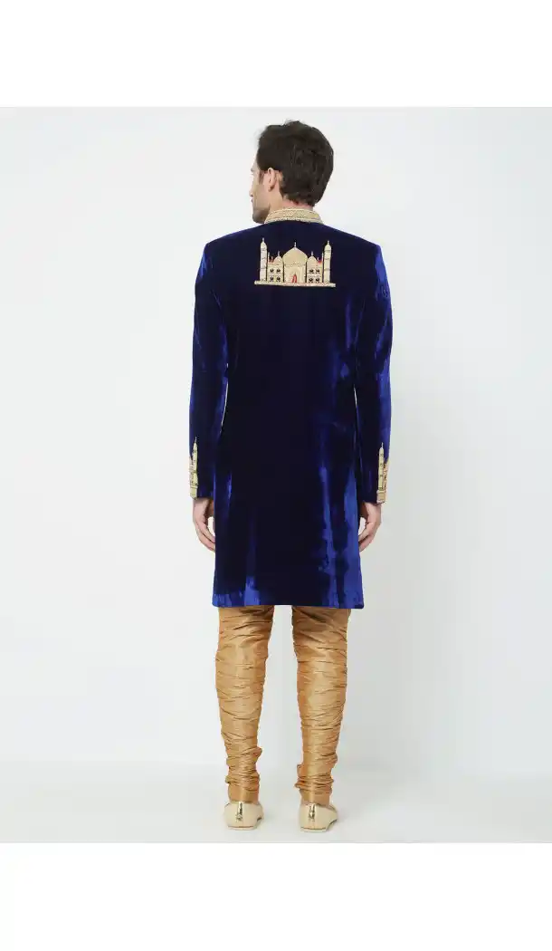 Navy Blue Color Velvet Readymade Men Groom Sherwani