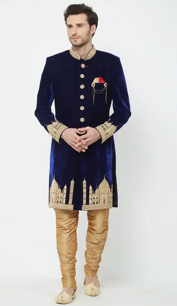 Navy Blue Color Velvet Readymade Men Groom Sherwani - 489860283