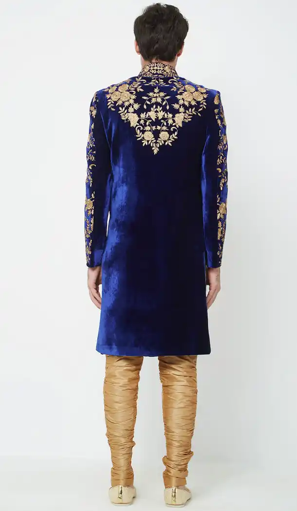 Navy Blue Color Velvet Readymade Men Groom Sherwani - 489860284