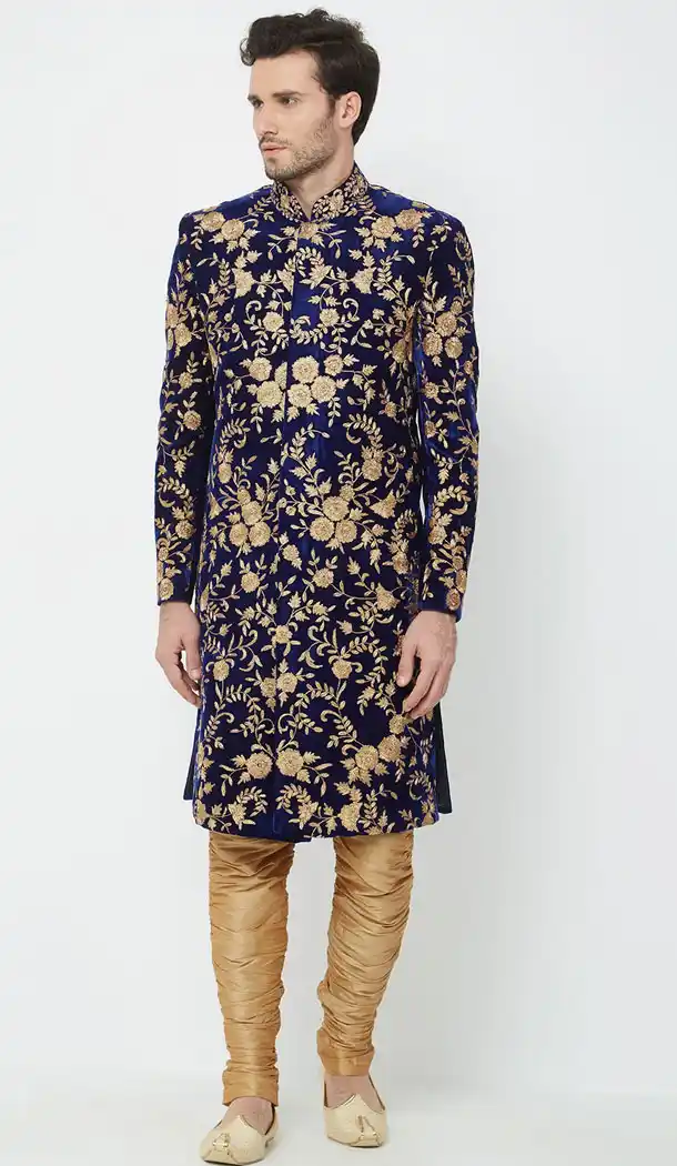 Navy Blue Color Velvet Readymade Men Groom Sherwani - 489860284