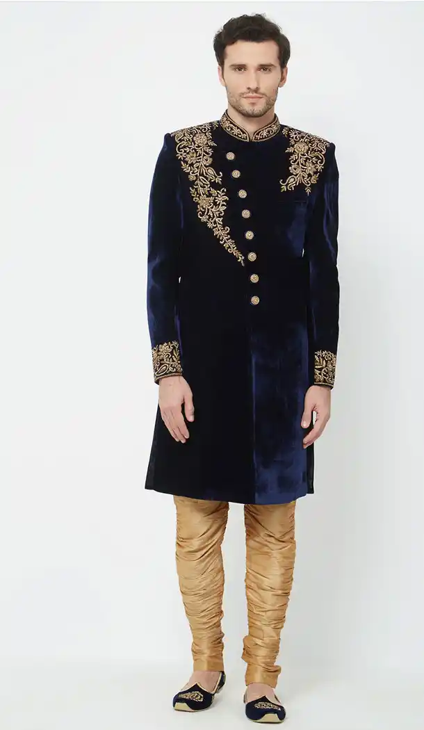 Engaging Navy Blue Color Velvet Readymade Men Groom Sherwani - 489860285