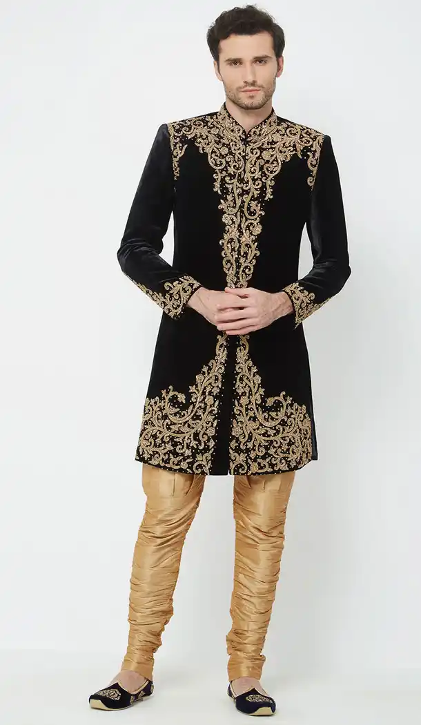 Black Color Velvet Readymade Men Groom Sherwani - 489860286