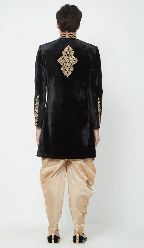 Black Color Velvet Readymade Men Groom Sherwani - 489860287