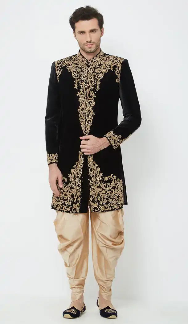 Black Color Velvet Readymade Men Groom Sherwani - 489860287