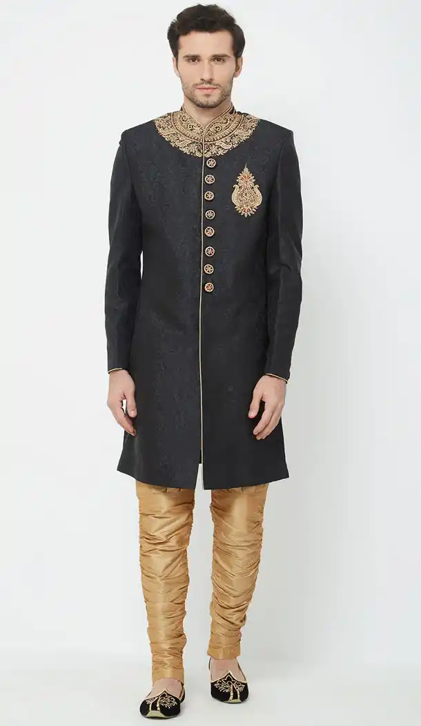 Black Color Brocket Readymade Men Groom Sherwani - 489860288
