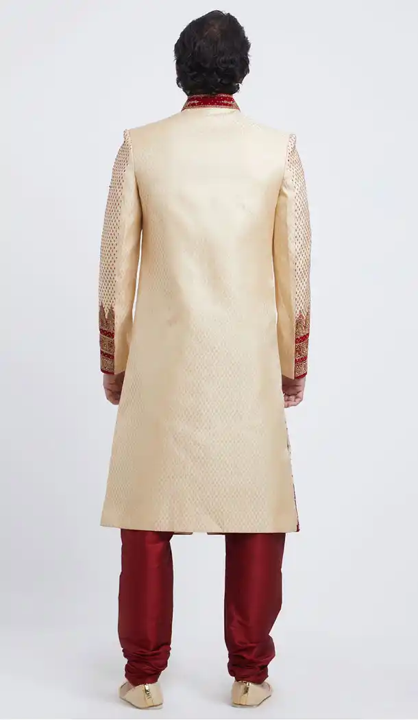 Cream Color Brocket Readymade Men Groom Sherwani - 489860289