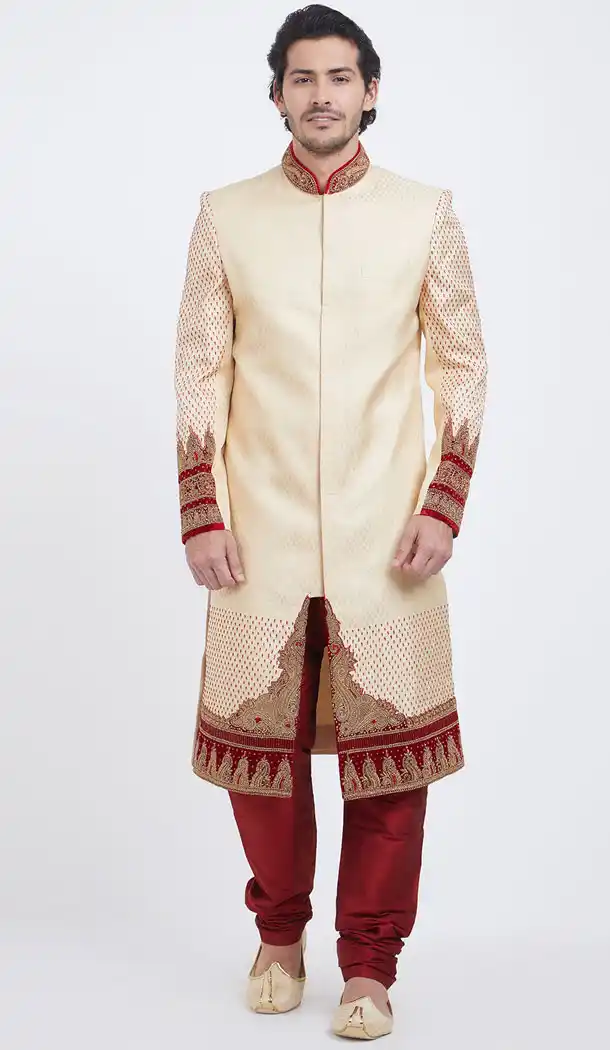 Cream Color Brocket Readymade Men Groom Sherwani - 489860289