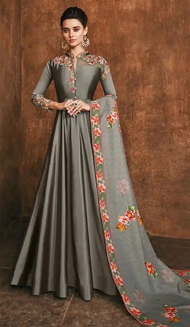 Grey Color Heavy Reyon Readymade Anakali Salwar Kameez - 489160160