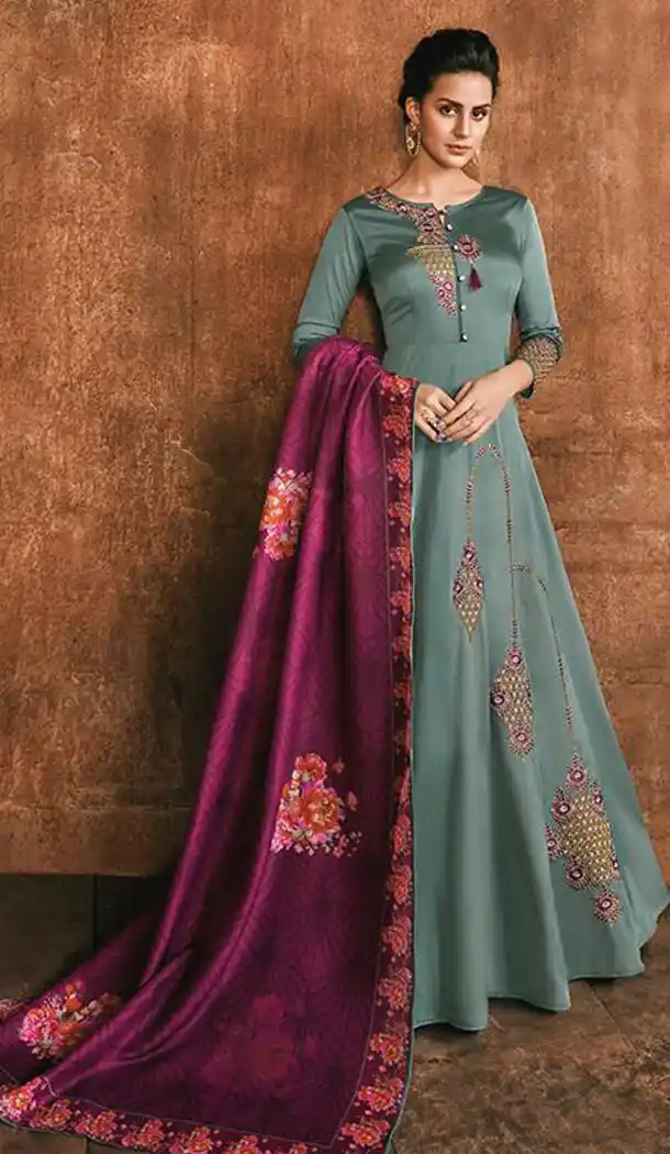 Steel Green Color Heavy Reyon Readymade Anakali Salwar Kameez - 489160163