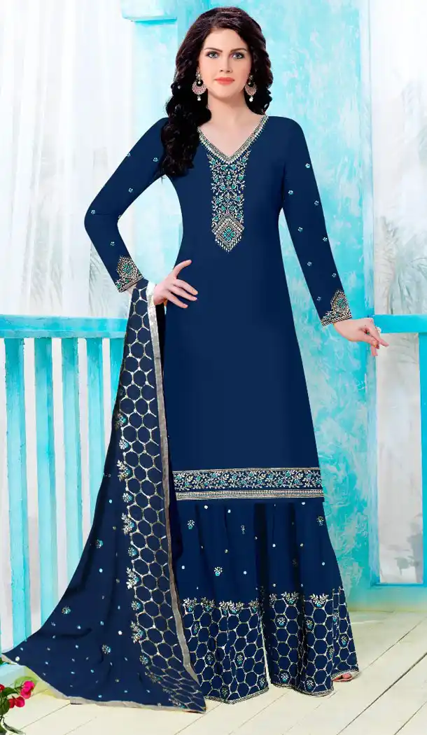 Navy Blue Color Satin Georgette Party Wear Palazzo Salwar Suit - 489260164