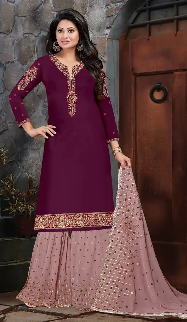 Purple Color Satin Georgette Party Wear Palazzo Salwar Suit - 489260167