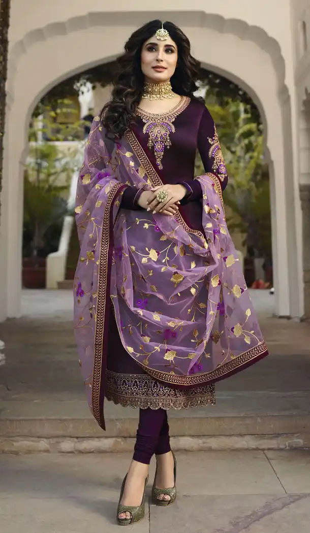 Dark Purple Color Satin Georgette Eid Special Salwarkameez - 489360172