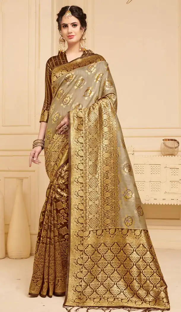 Grey And BrownColor Linen Silk Traditional Saree Blouse - 491360490