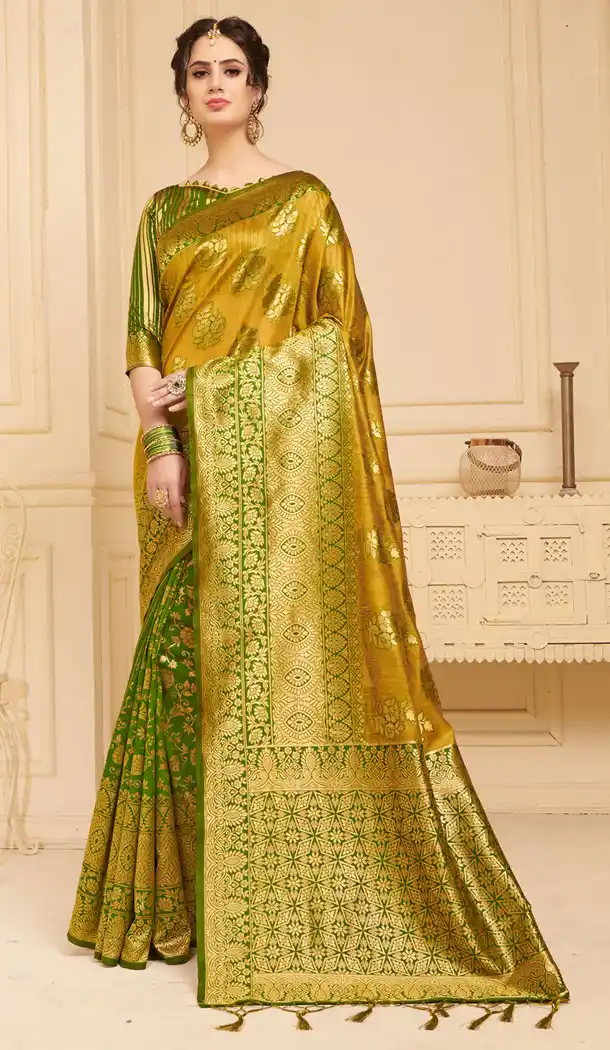 Golden And Green Color Linen Silk Traditional Saree Blouse - 491360492