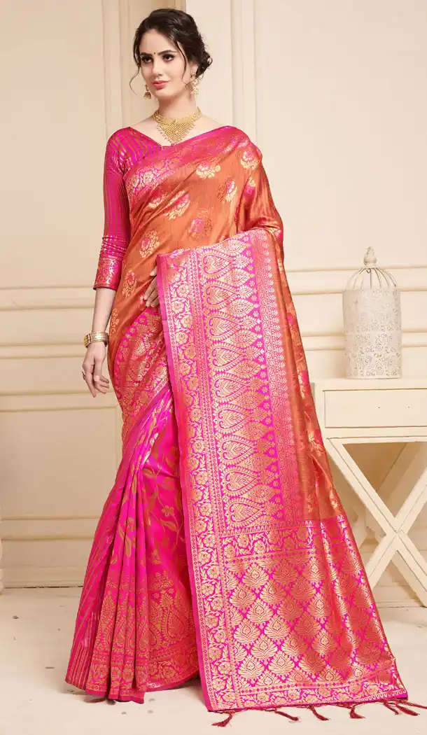 Golden And Pink Color Linen Silk Traditional Saree Blouse - 491360494