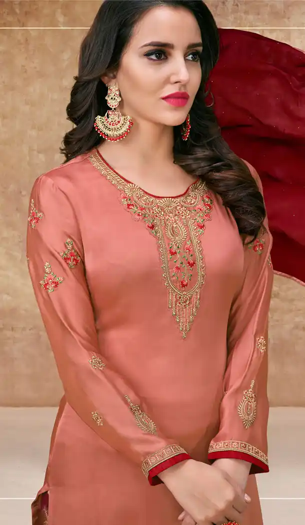 Dark Peach Color Satin Georgette Party Salwar Kameez - 63563758