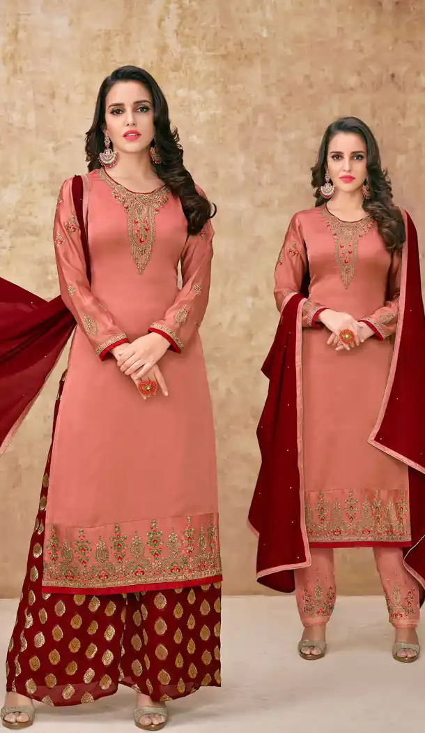 Dark Peach Color Satin Georgette Party Salwar Kameez - 63563758