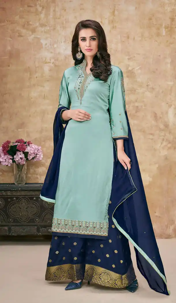 Sky Blue Color Satin Georgette Party Salwar Kameez - 63563759