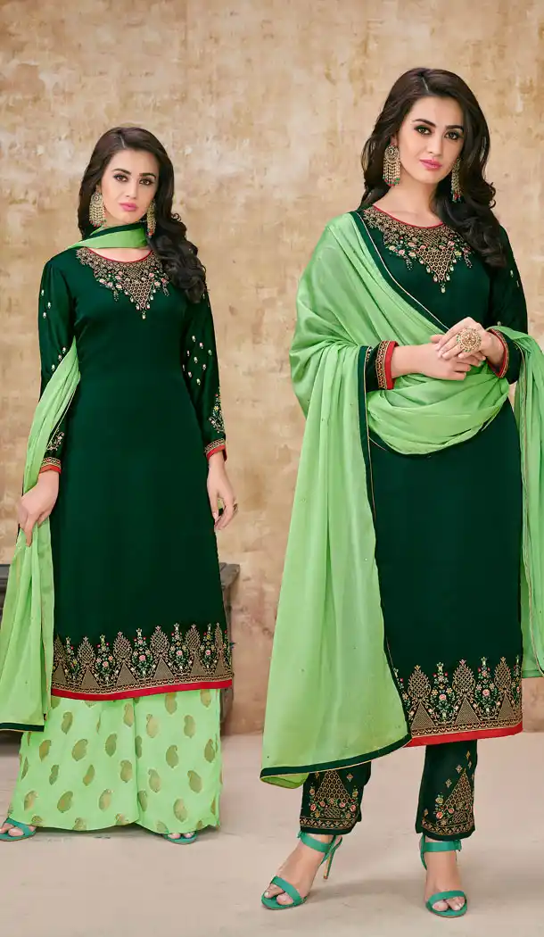 Dark Green Color Satin Georgette Party Salwar Kameez - 63563760