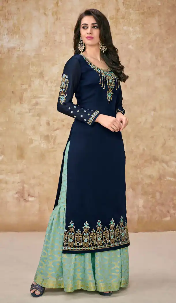 Navy Blue Color Satin Georgette Party Salwar Kameez - 63563762